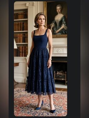 NWT Adrianna Papell Dark Navy Crepe Lace Tiered Midi Dress Size 8